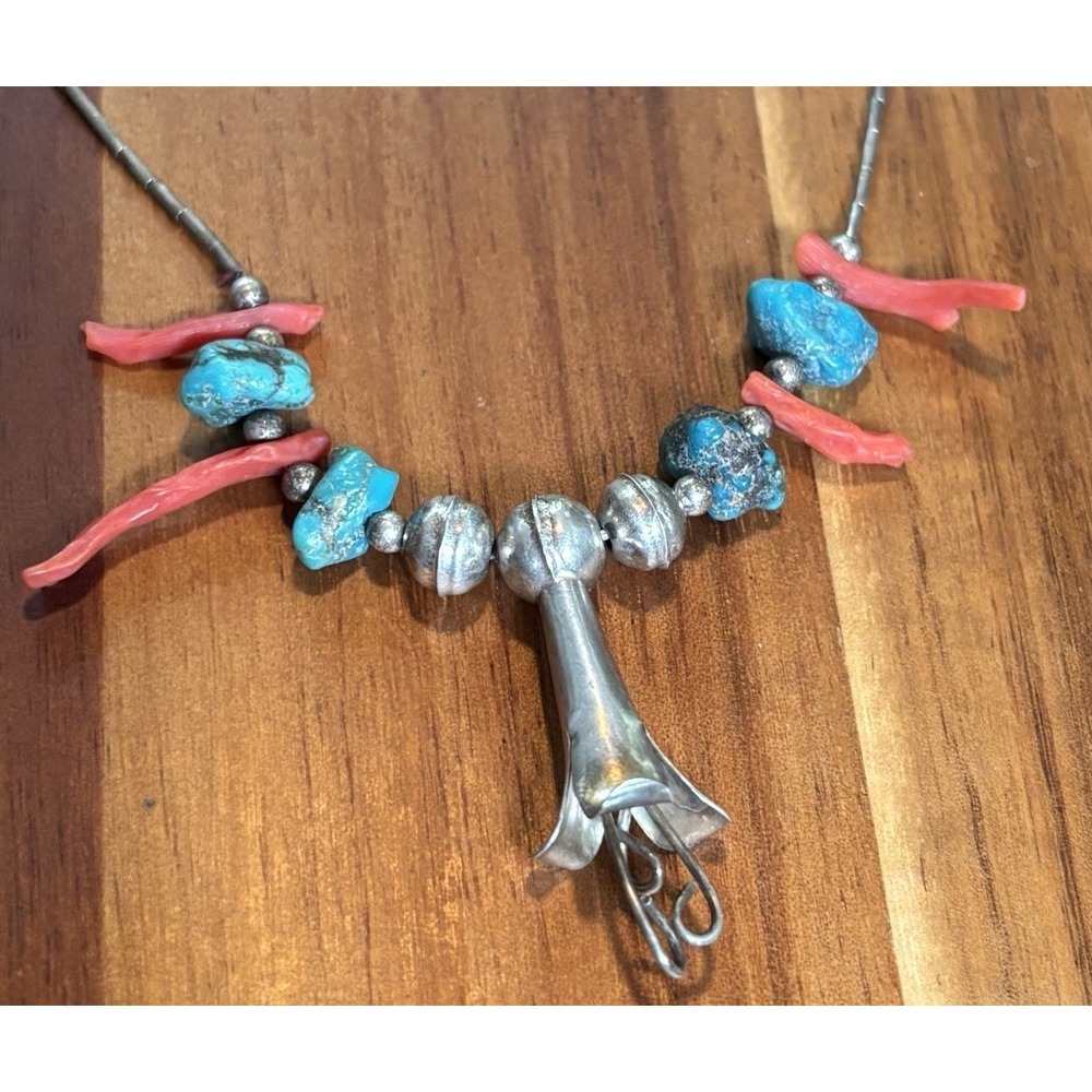 Vintage Native American Turquoise & Coral Squash Blossom Handmade Necklace